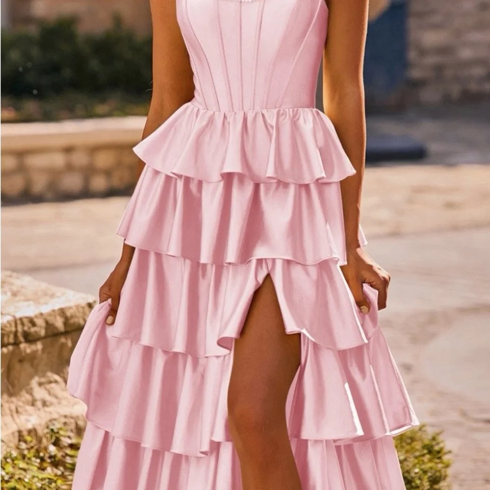 Stacees Pink Tiered Ruffle Maxi Dress - size 8 Prom NWT - Picture 3 of 13